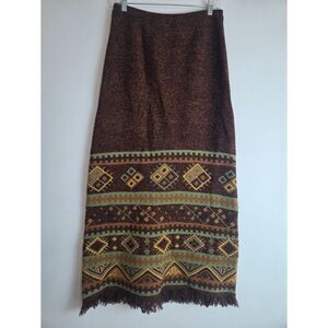 NWT Double D. Ranch Brown Tribal Print Fringe 100% Lambswool Maxi Skirt XS